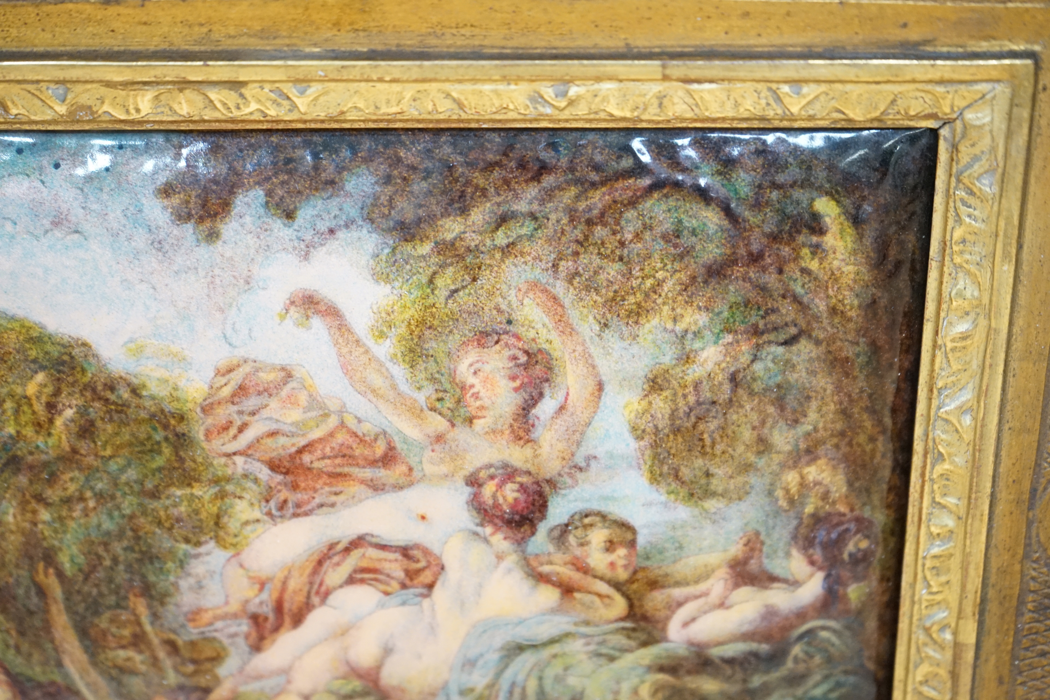 Ernest Blancher (1855-1935) After Jean-Honoré Fragonard (French, 1732-1806) Limoges convex plaque enamelled with nude females amongst foliage, signed, French 1923 Exhibition label verso, 17 x 23cm, ornate gilt framed